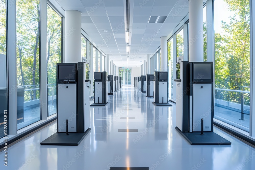 Aufkleber digital identity verification stations modern facility high-tech environment open space futuristic v