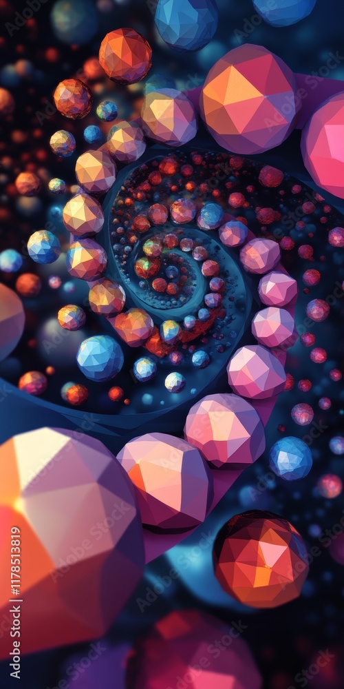 Poster a colorful spiral of spheres with a blue background. the spheres are of different colors and sizes, 