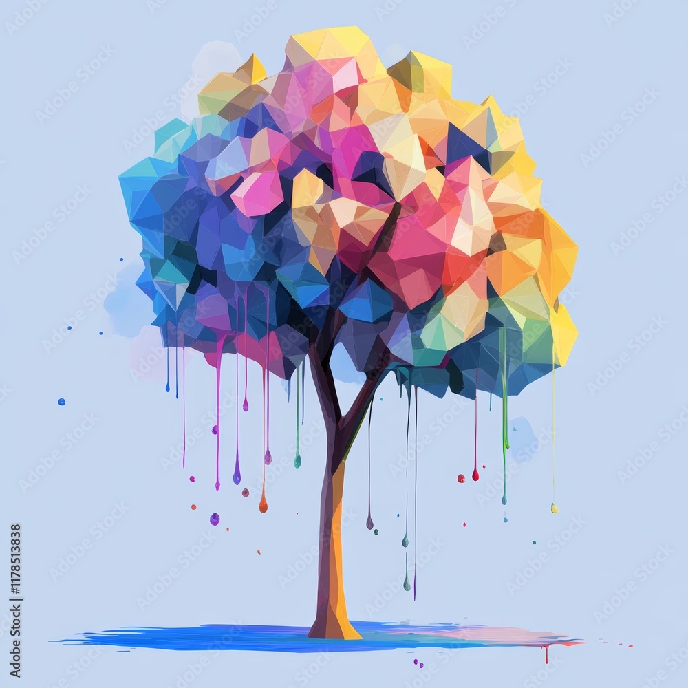 Poster a tree with many colors painted on it. the tree is made of blocks and has a rainbow effect