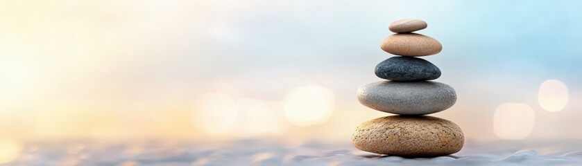 Stone stack balancing rocks, tranquil nature, zen harmony, meditation and stability in stone art