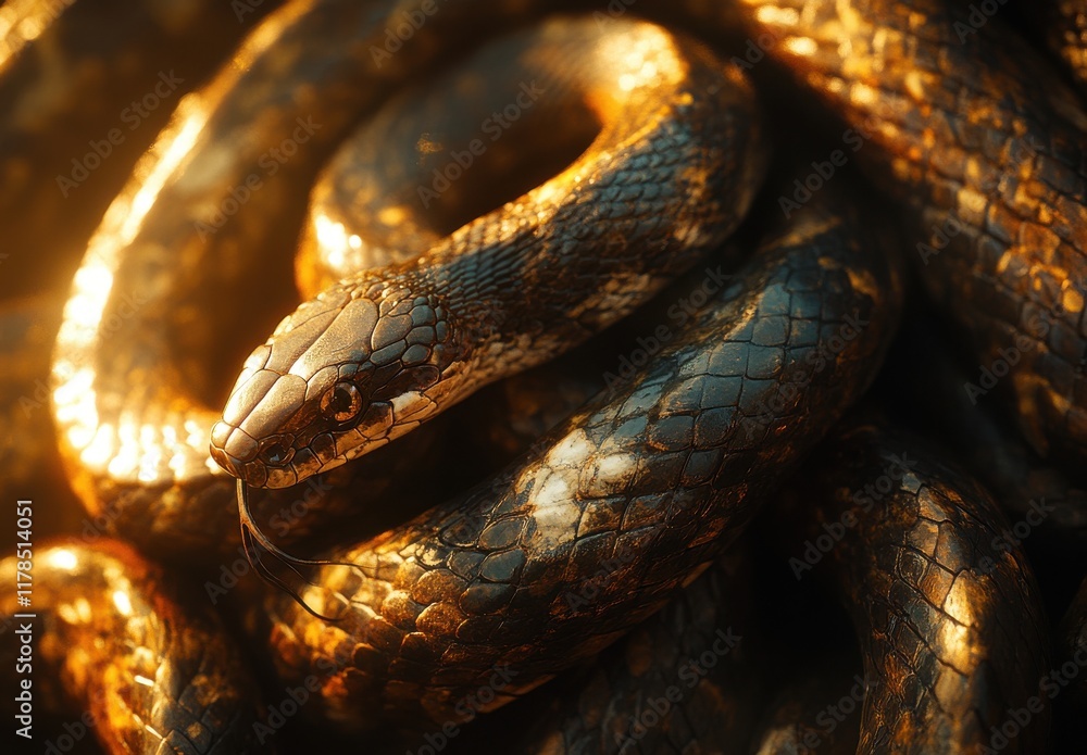 Poster close-up of a coiled snake with shimmering scales, illuminated by soft light, showcasing intricate p