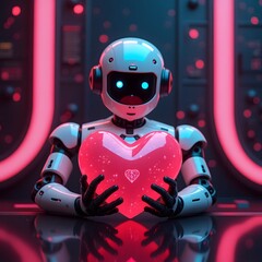 Illustration of an ai robot holding a glowing heart.