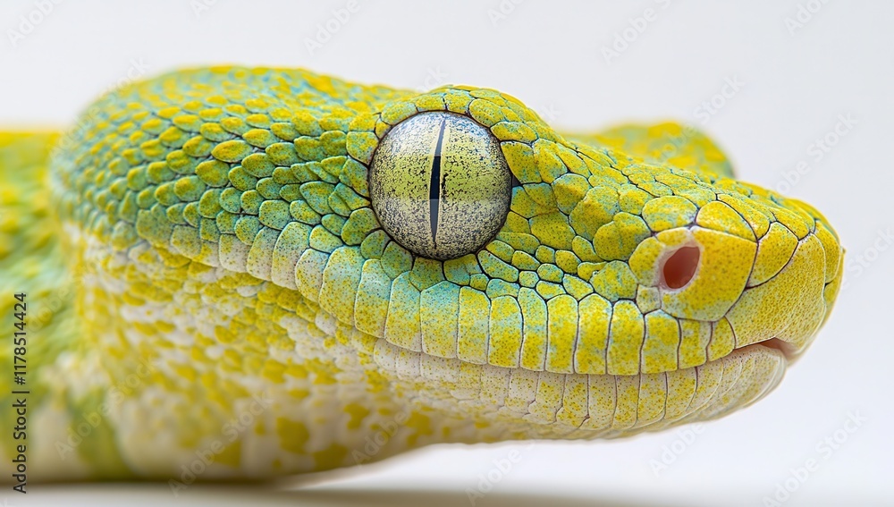 Poster close-up of a colorful green and yellow snake with intricate scales highlighting its unique textures