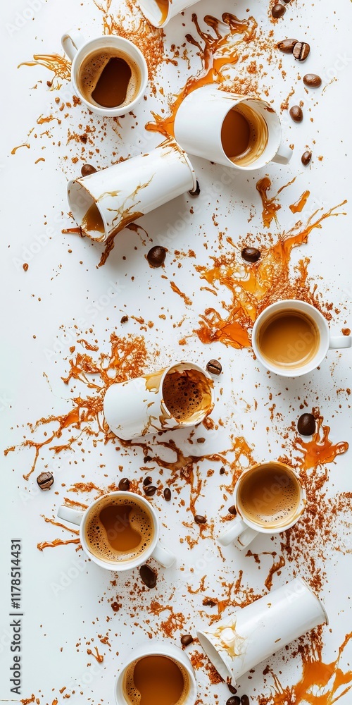 Poster Overhead view of coffee cups and splashes creating an abstract pattern with scattered coffee beans on a white surface.