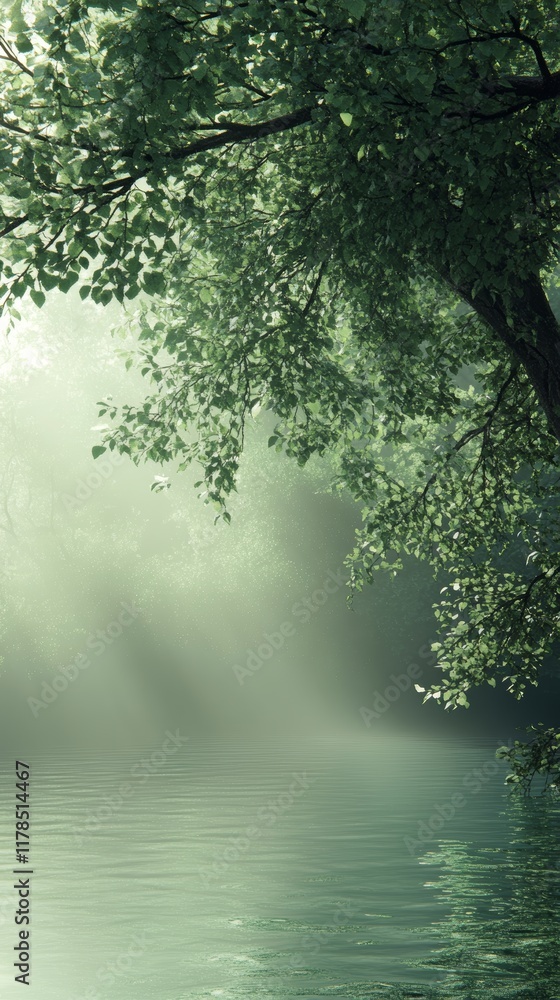 Poster sunlight streams through lush green trees over a calm forest lake, creating a serene and tranquil na