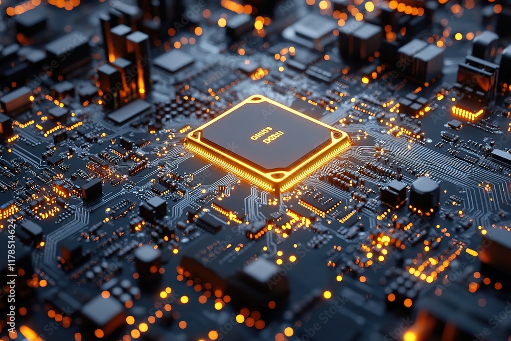 Poster glowing cpu on circuit board with active components. (3)