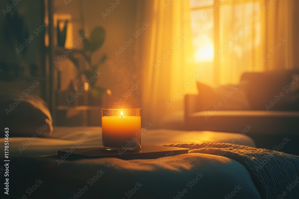 Poster experience the soft calming glow of candlelight in a cozy bedroom, creating a serene atmosphere fill