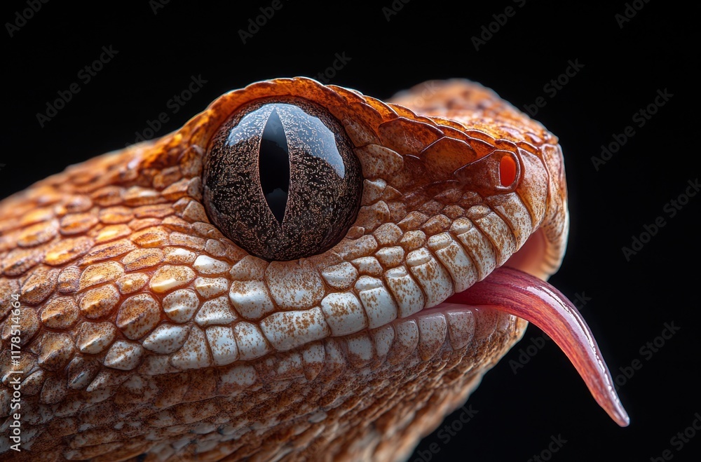 Poster close-up of a colorful reptile with intricate skin patterns and lively tongue in a dramatic lighting