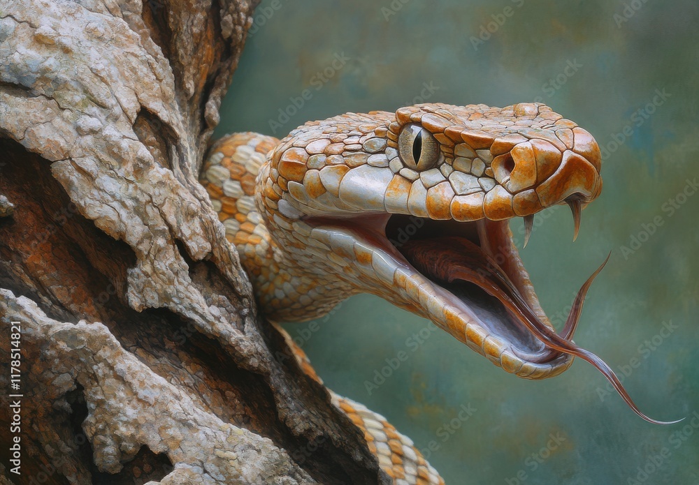 Aufkleber close-up of a colorful snake emerging from tree bark with a lively expression and flicking tongue, c