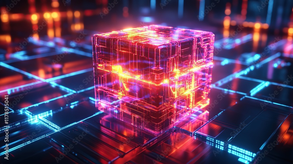 Aufkleber high-tech 3d visualization of a cuboid with futuristic neon lights. fractal design depicting digital