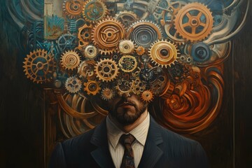 Intricate gears symbolize creativity and innovation in a man's mind during an artistic exploration of thought processes