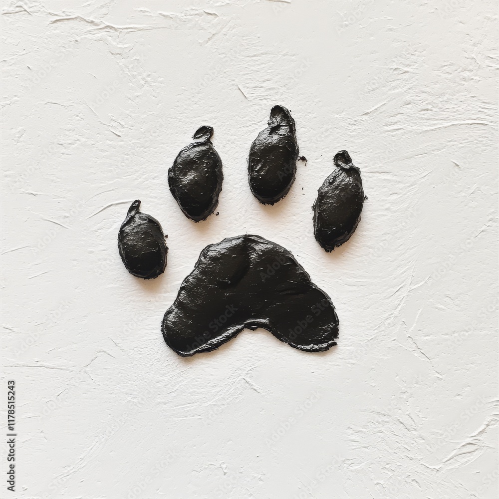 Poster a striking black paint paw print is displayed on a textured white background, creating a modern arti