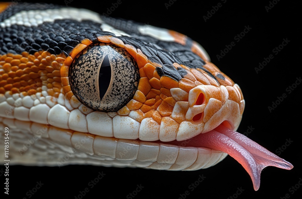 Poster close-up of a colorful snake with intricate scale patterns and a distinctive eye captured in high re