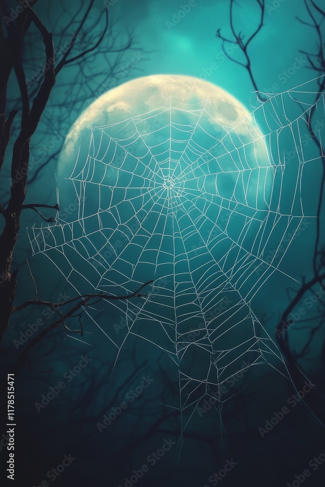Poster a captivating moonlit scene features a delicate spider web intricately spun between dark trees, crea