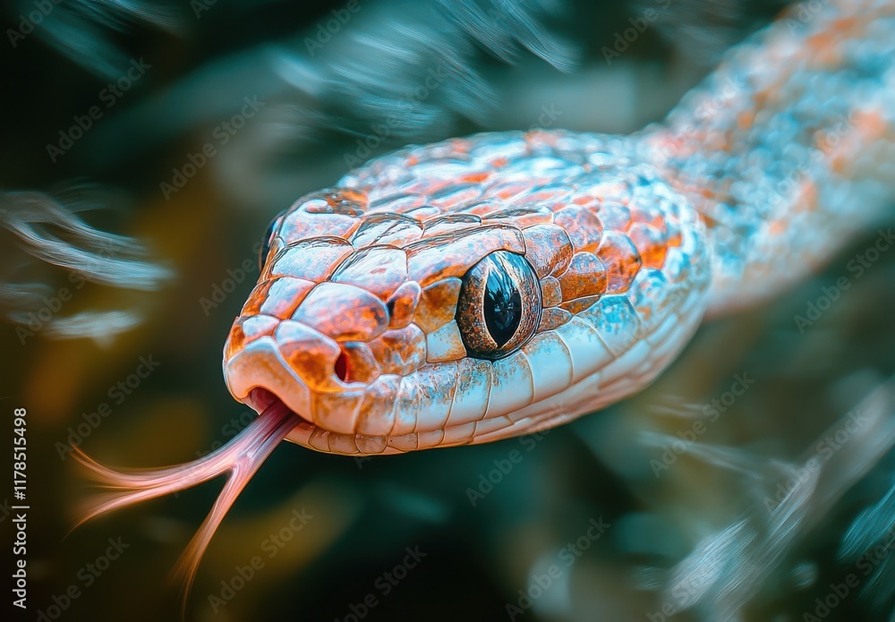 Aufkleber close-up of a colorful snake with intricate scale patterns and flicking tongue in a natural habitat 