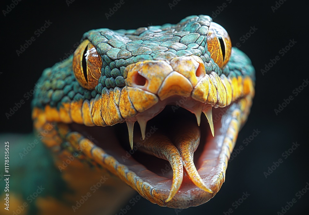Aufkleber close-up of a colorful snake with intricate scales and striking eyes, displaying fangs and an open m