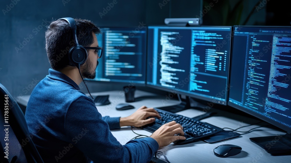 Poster man with headphones working on computer, focused on productivity and digital tasks