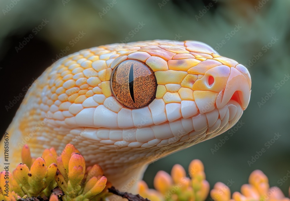 Poster close-up of a colorful snake with intricate scales and unique eye patterns surrounded by vibrant suc