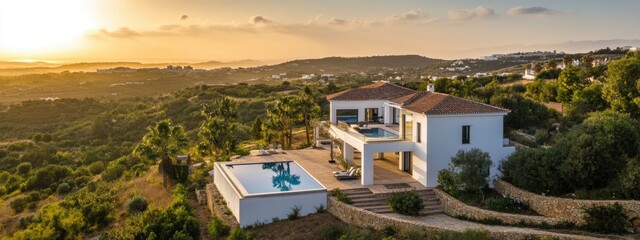 Photo of a modern luxury villa with a swimming pool located on a hilltop with a panoramic view of the coast, which provides a peaceful feeling, especially during sunset.