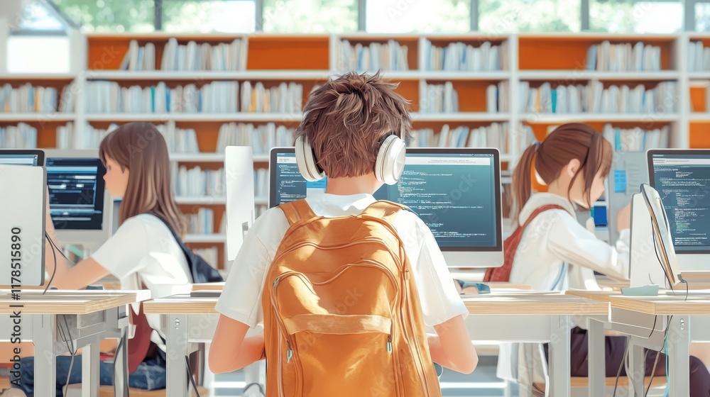Aufkleber digital literacy initiative featuring basic computer skills training for students in a modern librar
