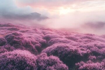 Fototapeta premium Misty Sunrise Over Lavender Fields and Mountains