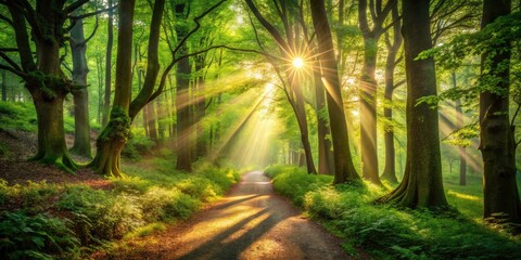 Naklejka premium High Depth of Field Photography: Mystical Forest Path, Sunbeams, Deep Shadows, Lush Greenery, Magical Atmosphere, Fantasy Landscape, Nature Scene, Artistic Image, Dramatic Lighting, Detailed Texture