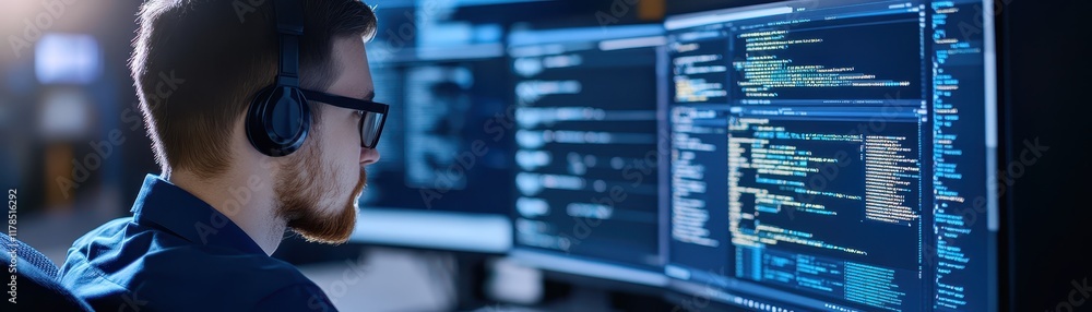 Poster man with headphones focused on computer screen, deep work and digital productivity