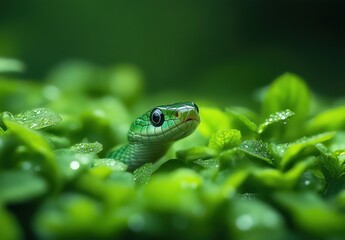 Obraz premium Close-Up of a Green Snake Coiled Among Lush Green Leaves with Water Droplets Creating a Serene and Vibrant Natural Environment in the Tropical Forest