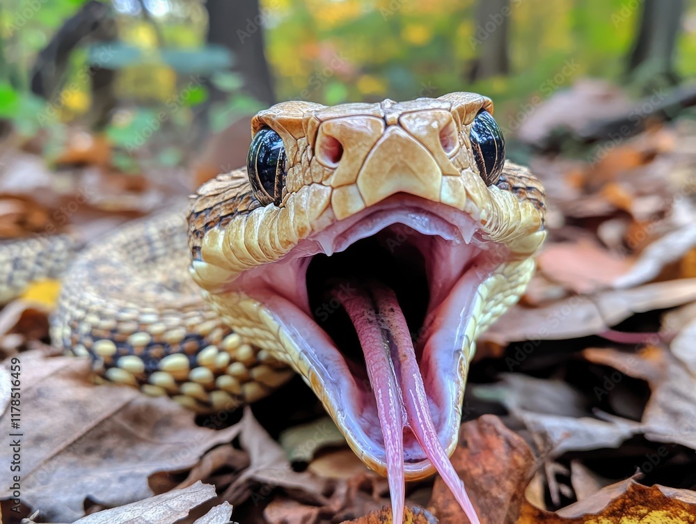 Poster close-up of a hissing snake with an open mouth in a colorful autumn forest surrounded by dry leaves 