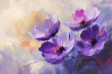 Bright purple flowers bloom against a soft pastel background during spring, adding color and beauty to any space