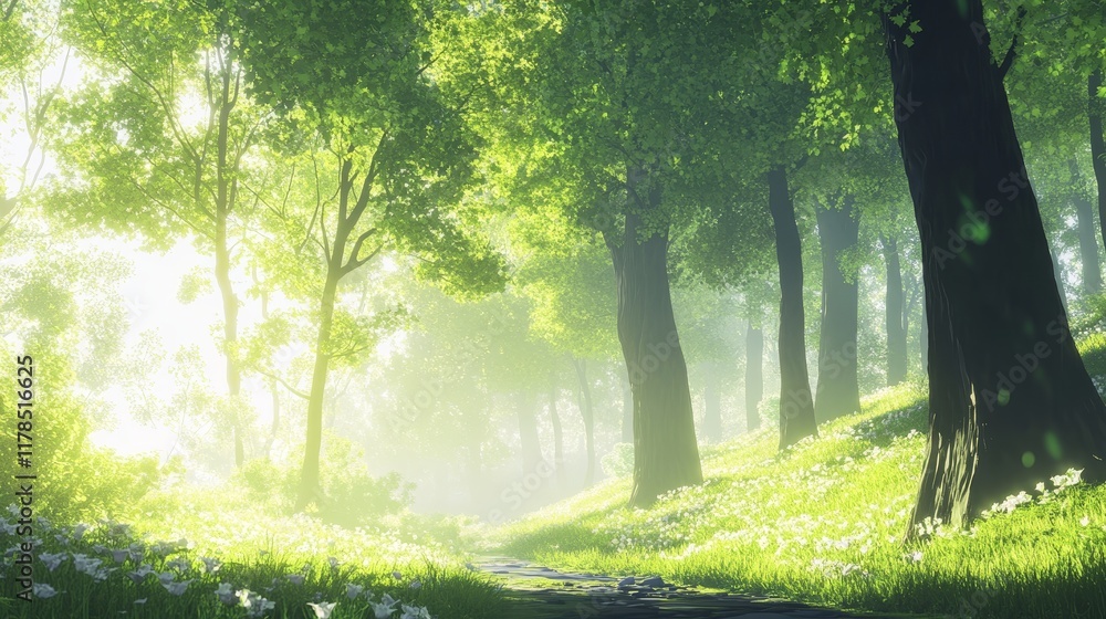 Poster sunlight filters through a dense forest, illuminating lush greenery and creating a tranquil, serene 
