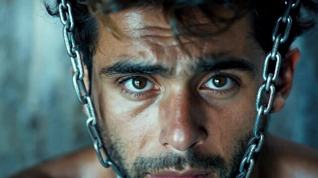 Close up of man with haunted expression, prisoner in chains, intense gaze, shackles visible, commit suicide