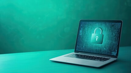 Enhanced laptop security, visualizing data protection with a padlock graphic for cybersecurity awareness