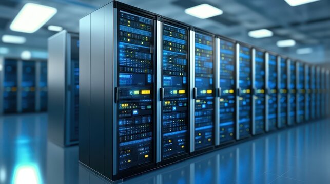 Powerful servers in a data center, the backbone of modern technology and global connectivity - Powered by Adobe