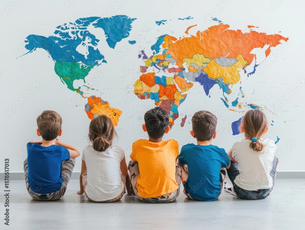 Poster children engaging with global map classroom setting educational content creative environment rear vi