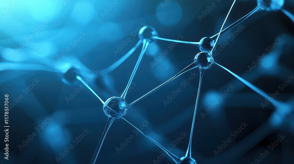 Poster abstract molecules on a blue background, deep dive into microscopic structures and scientific visual