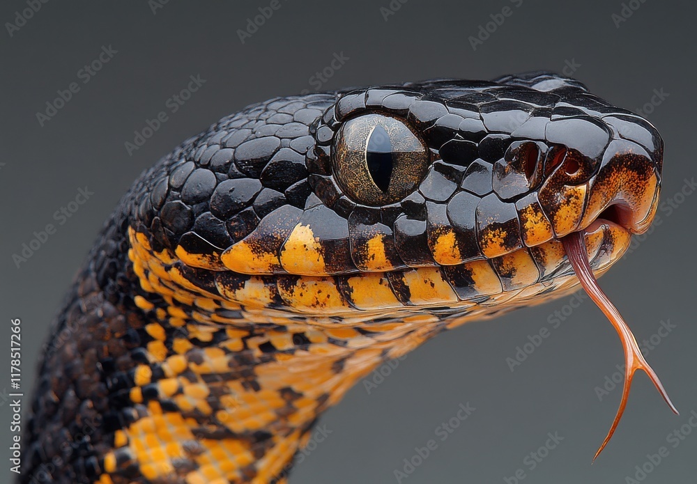 Poster close-up of a striking black and orange snake with glossy scales and intricate patterns, showcasing 
