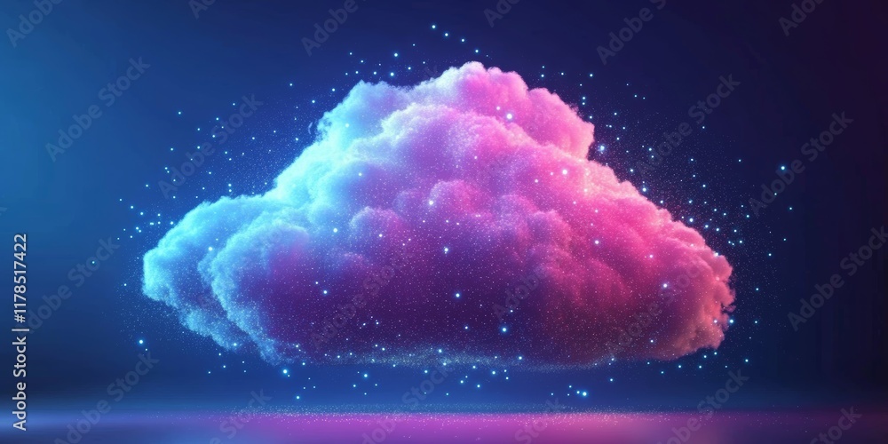 Poster this vibrant digital cloud background showcases floating data points and sparkling particles, creati