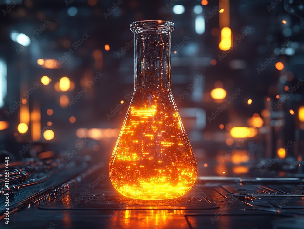 Poster glowing flask with liquid on lab table, sparks in background.