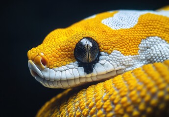 Obraz premium Close-up of a striking yellow and white snake showcasing detailed scales and vivid colors against a dark background, highlighting the intricate patterns of its skin and eyes