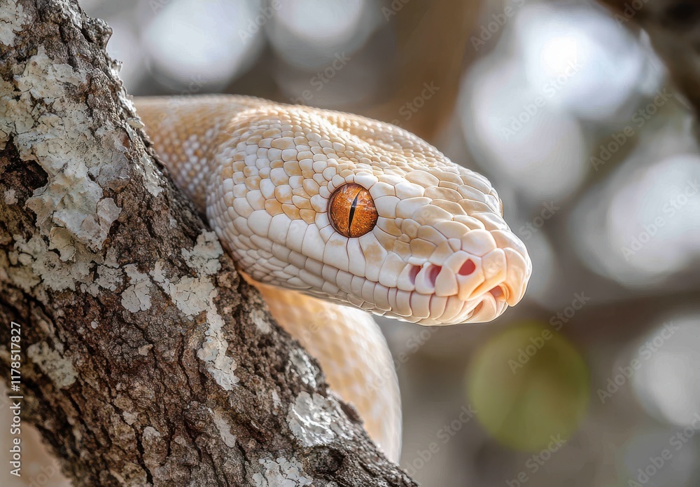 Poster close-up of a stunning albino python camouflaged on a tree branch, showcasing its unique scale patte