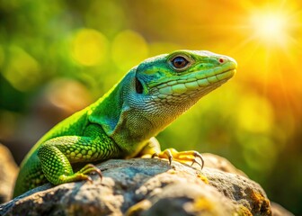 Fototapeta premium Lizard on Rock, Reptile Resting, Stone Texture, Desert Lizard, Green Iguana, Sunny Day, Wildlife Photography, Nature Image, Copy Space, Left Composition