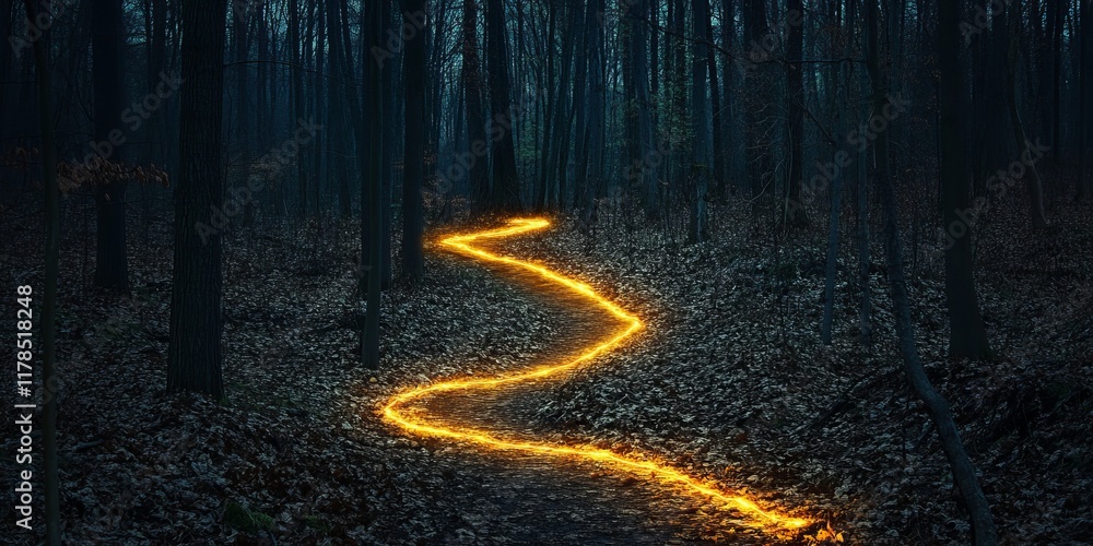 Poster a captivating forest scene showcasing a winding pathway illuminated by glowing light trails, surroun