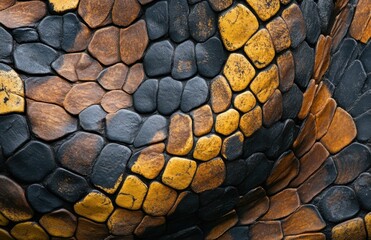 Close-Up of a Textured Surface Featuring Unique Mosaic Patterns in Rich Earthy Tones of Black, Brown, and Yellow, Ideal for Nature and Design Projects