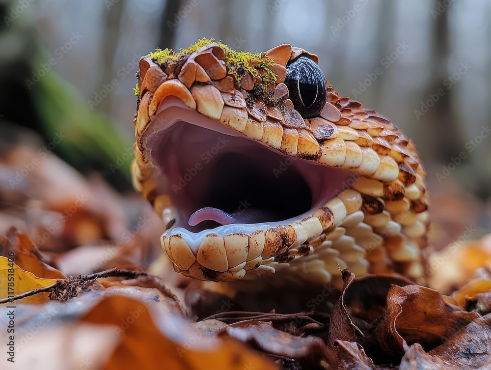 Poster close-up of a unique snake with intricate scales and open mouth in natural forest habitat surrounded