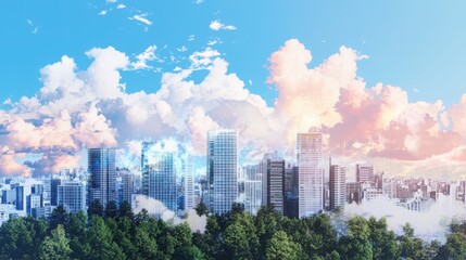 Fototapeta premium Urban digital mental health lifestyle exploration cityscape digital artwork natural elements aerial view conceptual wellbeing