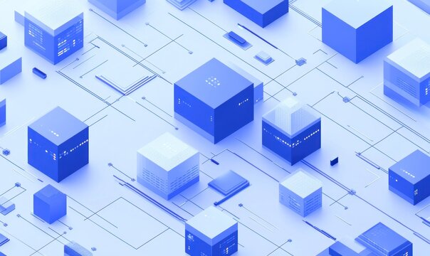 Abstract 3D isometric blue cubes network.