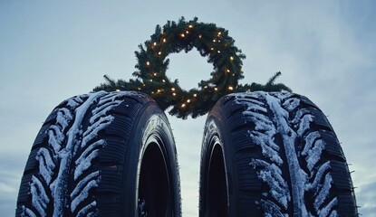 Winter Tires Decorated with Christmas Wreath