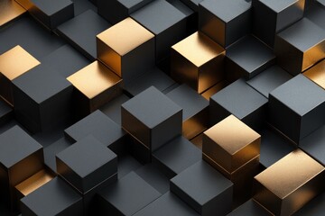 Abstract 3D render of black and gold cubes.