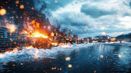 Fototapeta premium Disaster response and recovery efforts amidst urban catastrophe coastal city digital art dramatic environment aerial view resilience concept